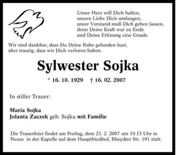 Traueranzeige von Sylwester Sojka von Tageszeitung