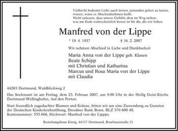 Traueranzeige von Manfred van der Lippe von Tageszeitung