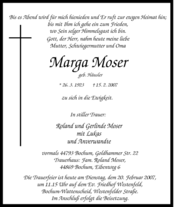 Traueranzeige von Marga Moser von Tageszeitung