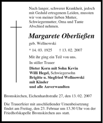 Traueranzeige von Margarete Oberließen von Tageszeitung