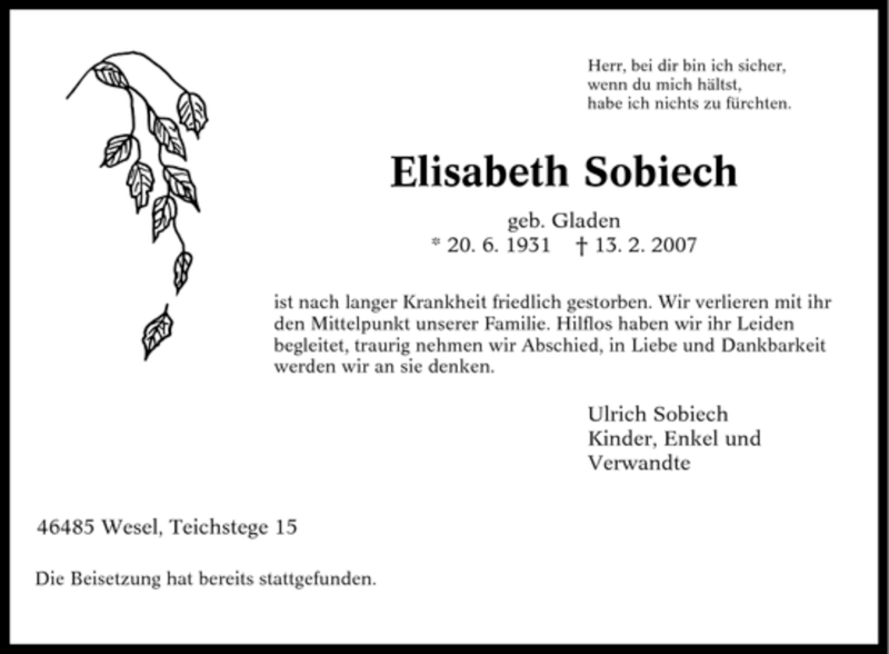 Traueranzeige für Elisabeth Sobiech vom 20.02.2007 aus Tageszeitung