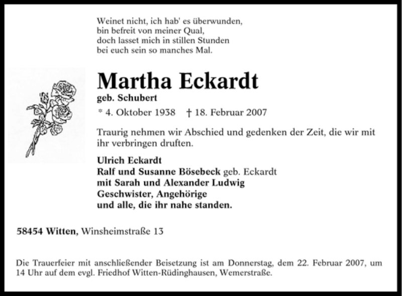  Traueranzeige für Martha Eckardt vom 20.02.2007 aus Tageszeitung
