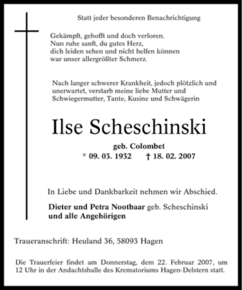 Traueranzeige von Ilse Scheschinski von Tageszeitung