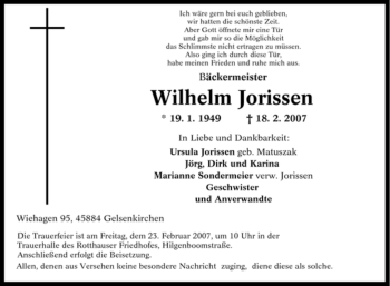 Traueranzeige von Wilhelm Jorissen von Tageszeitung