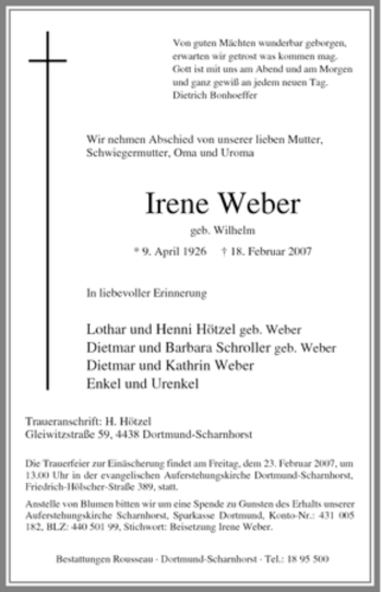 Traueranzeige von Irene Weber von Tageszeitung