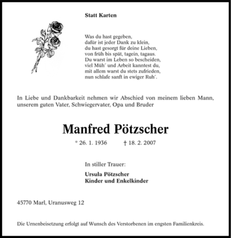  Traueranzeige für Manfred Pötzscher vom 20.02.2007 aus Tageszeitung
