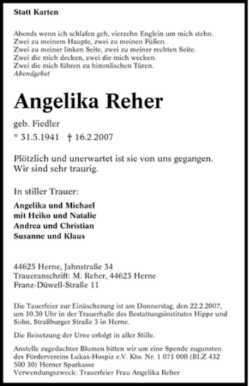 Traueranzeige von Angelika Reher von Tageszeitung