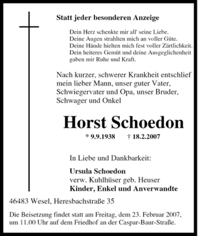  Traueranzeige für Horst Schoedon vom 20.02.2007 aus Tageszeitung