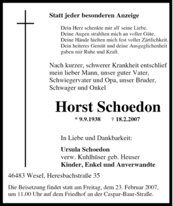 Traueranzeige von Horst Schoedon von Tageszeitung