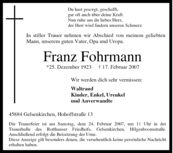 Traueranzeige von Franz Fohrmann von Tageszeitung