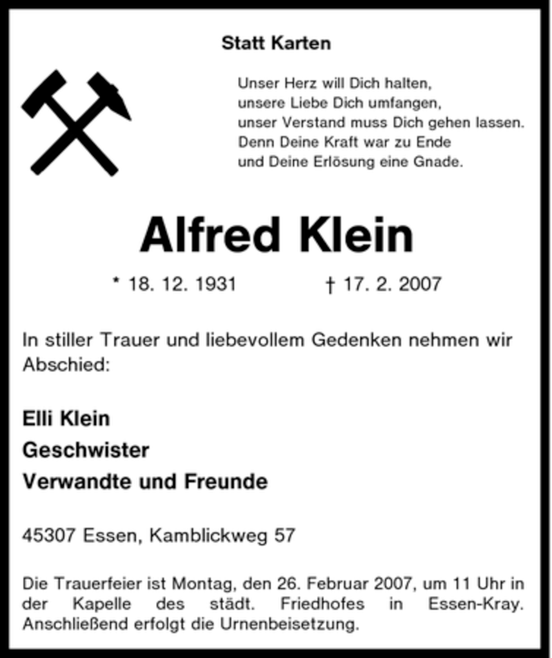  Traueranzeige für Alfred Klein vom 20.02.2007 aus Tageszeitung
