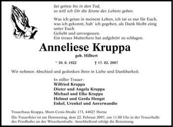 Traueranzeige von Anneliese Kruppa von Tageszeitung