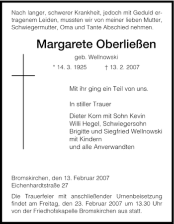 Traueranzeige von Margarete Oberließen von Tageszeitung
