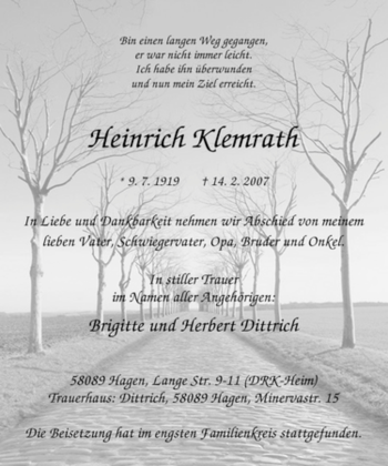 Traueranzeige von Heinrich Klemrath von Tageszeitung