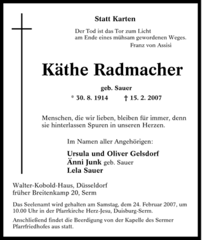  Traueranzeige für Käthe Radmacher vom 21.02.2007 aus Tageszeitung