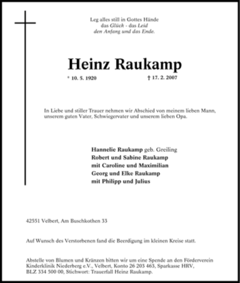 Traueranzeige von Heinz Raukamp von Tageszeitung