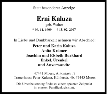 Traueranzeige von Erni Kaluza von Tageszeitung