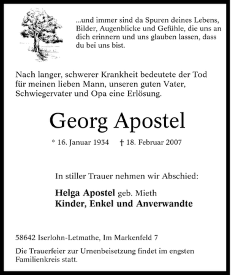  Traueranzeige für Georg Apostel vom 21.02.2007 aus Tageszeitung