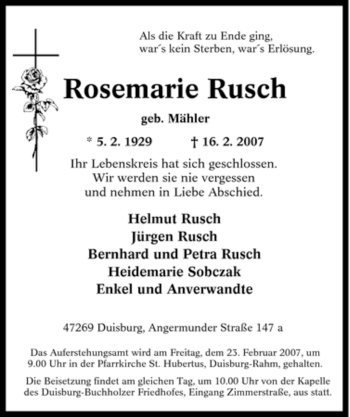 Traueranzeige von Rosemarie Rusch von Tageszeitung