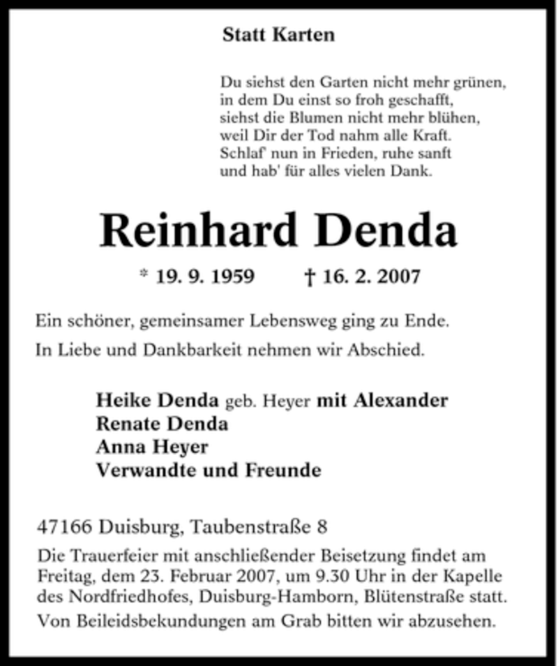  Traueranzeige für Reinhard Denda vom 21.02.2007 aus Tageszeitung