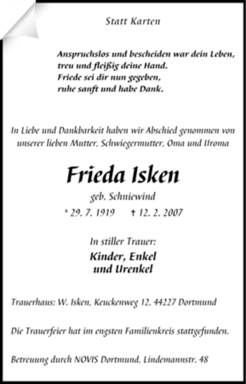 Traueranzeige von Frieda Isken von Tageszeitung