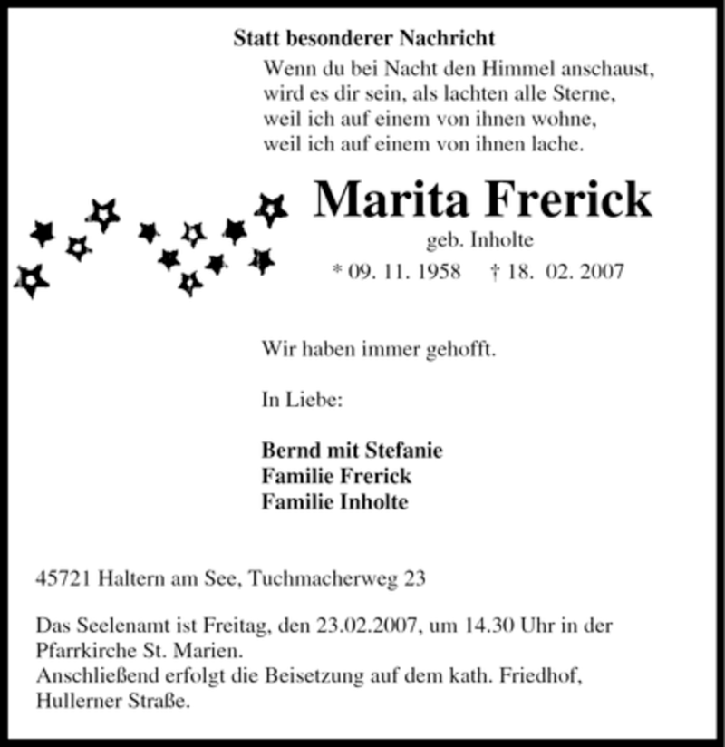  Traueranzeige für Marita Frerick vom 21.02.2007 aus Tageszeitung