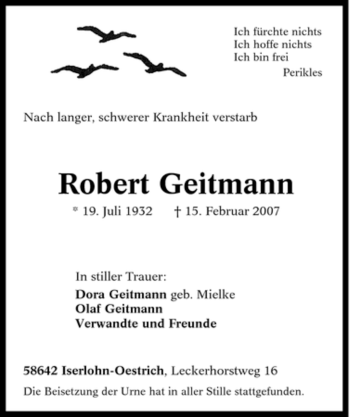 Traueranzeige von Robert Geitmann von Tageszeitung