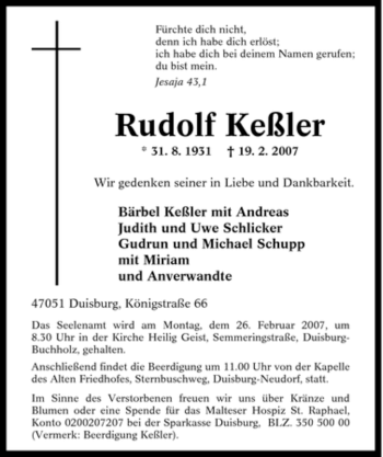 Traueranzeige von Rudolf Keßler von Tageszeitung