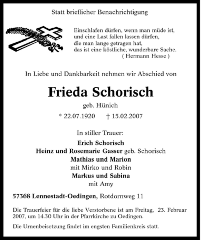  Traueranzeige für Frieda Schorisch vom 22.02.2007 aus Tageszeitung