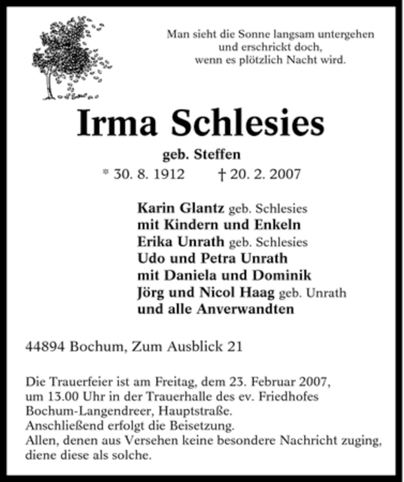  Traueranzeige für Irma Schlesies vom 22.02.2007 aus Tageszeitung