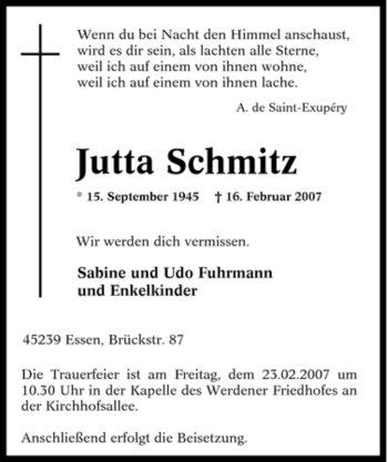 Traueranzeige von Jutta Schmitz von Tageszeitung