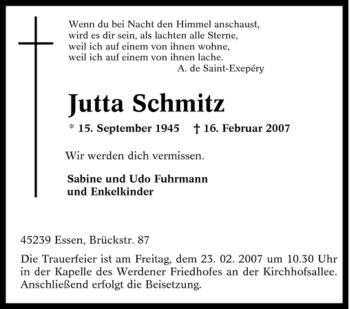 Traueranzeige von Jutta Schmitz von Tageszeitung