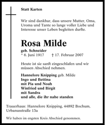 Traueranzeige von Rosa Milde von Tageszeitung