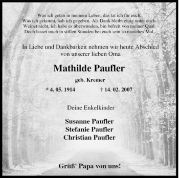 Traueranzeige von Mathilde Paufler von Tageszeitung