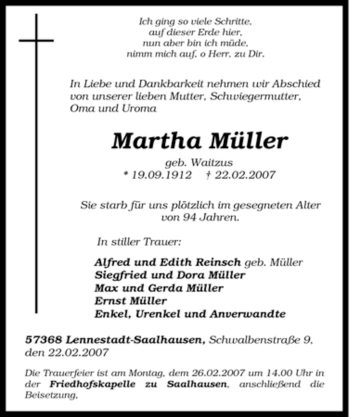 Traueranzeige von Martha Müller von Tageszeitung