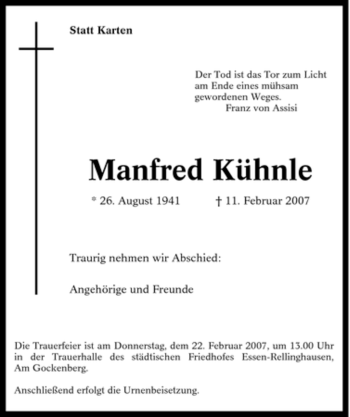 Traueranzeige von Manfred Kühnle von Tageszeitung