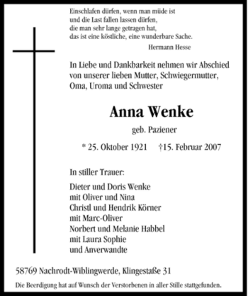 Traueranzeige von Anna Wenke von Tageszeitung