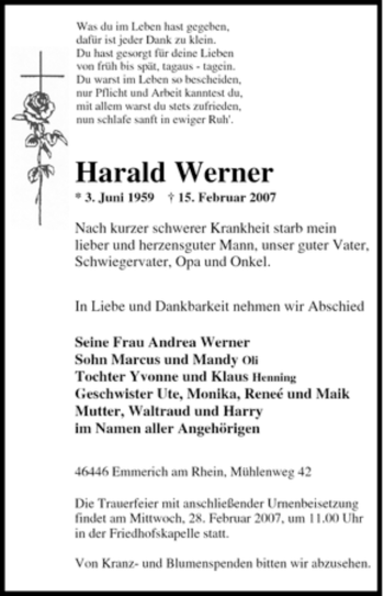 Traueranzeige von Harald Werner von Tageszeitung