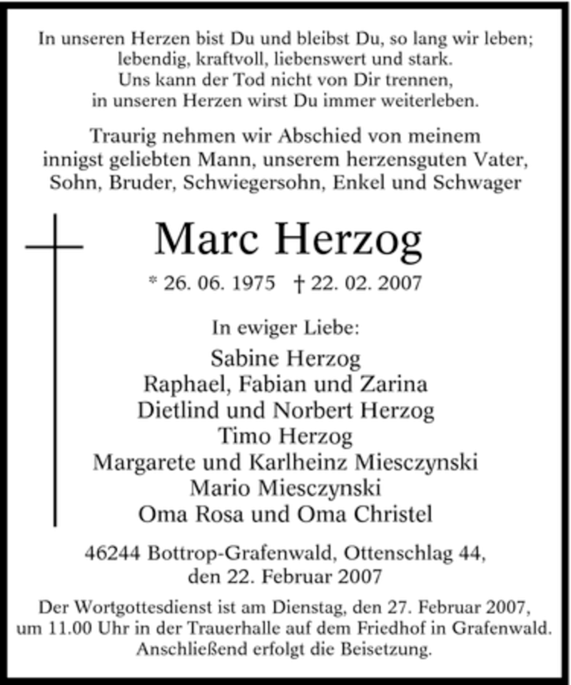  Traueranzeige für Marc Herzog vom 24.02.2007 aus Tageszeitung