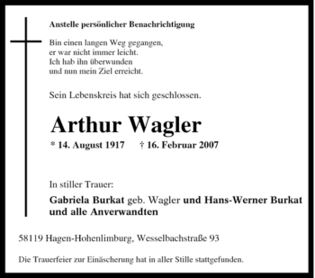 Traueranzeige von Arthur Wagler von Tageszeitung