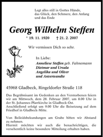 Traueranzeige von Georg Wilhelm Steffen von Tageszeitung