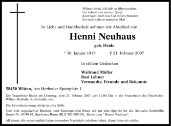 Traueranzeige von Henni Neuhaus von Tageszeitung