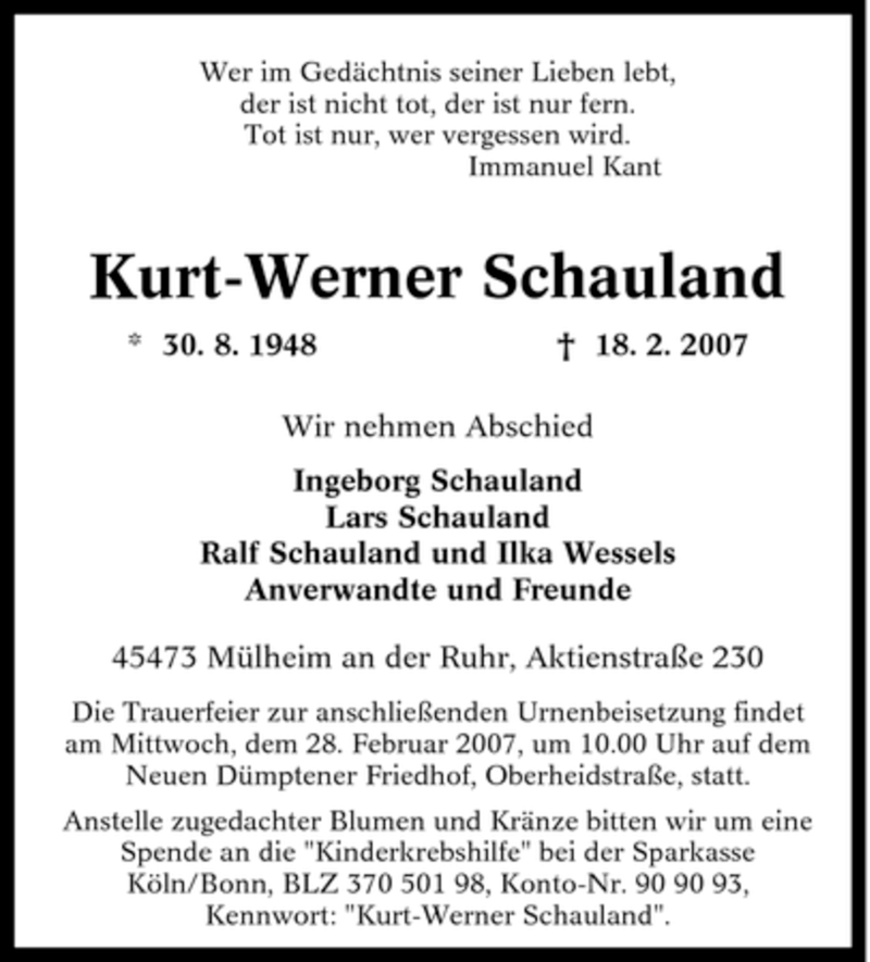  Traueranzeige für Kurt-Werner Schauland vom 24.02.2007 aus Tageszeitung