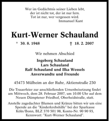 Traueranzeige von Kurt-Werner Schauland von Tageszeitung