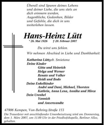 Traueranzeige von Hans-Heinz Lütt von Tageszeitung
