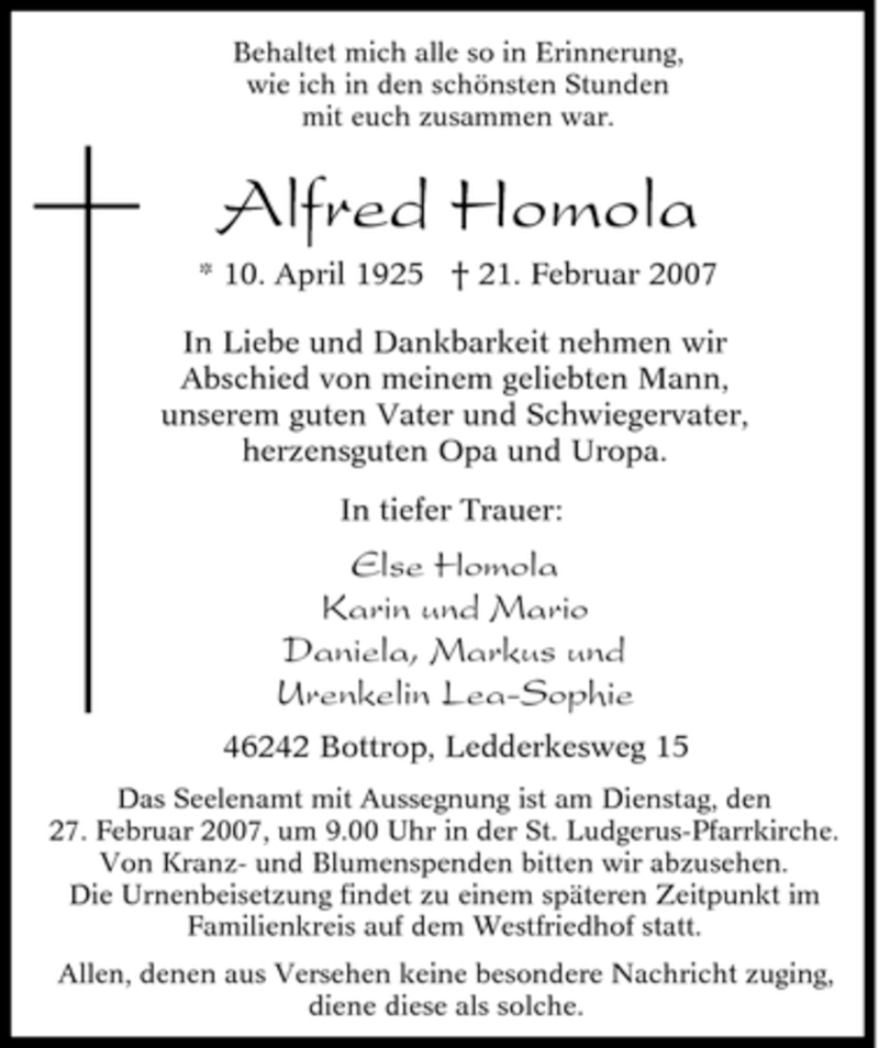  Traueranzeige für Alfred Homola vom 24.02.2007 aus Tageszeitung