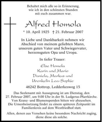 Traueranzeige von Alfred Homola von Tageszeitung