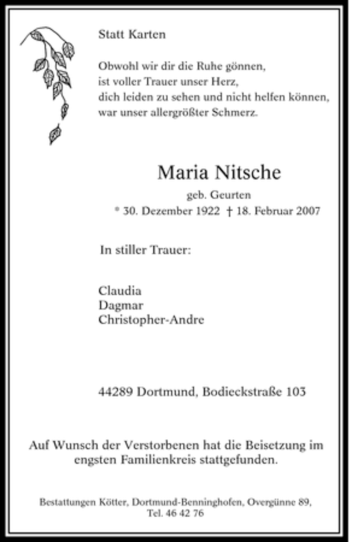 Traueranzeige von Maria Nitsche von Tageszeitung