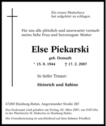 Traueranzeige von Else Piekarski von Tageszeitung