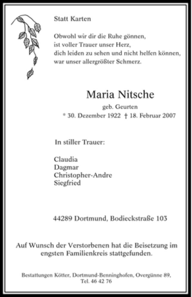  Traueranzeige für Maria Nitsche vom 26.02.2007 aus Tageszeitung